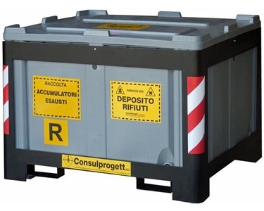 Consulprogett s.r.l. | Contenitore in HDPE e acciaio con telaio per stoccaggio accumulatori e batterie esauste 850lt 